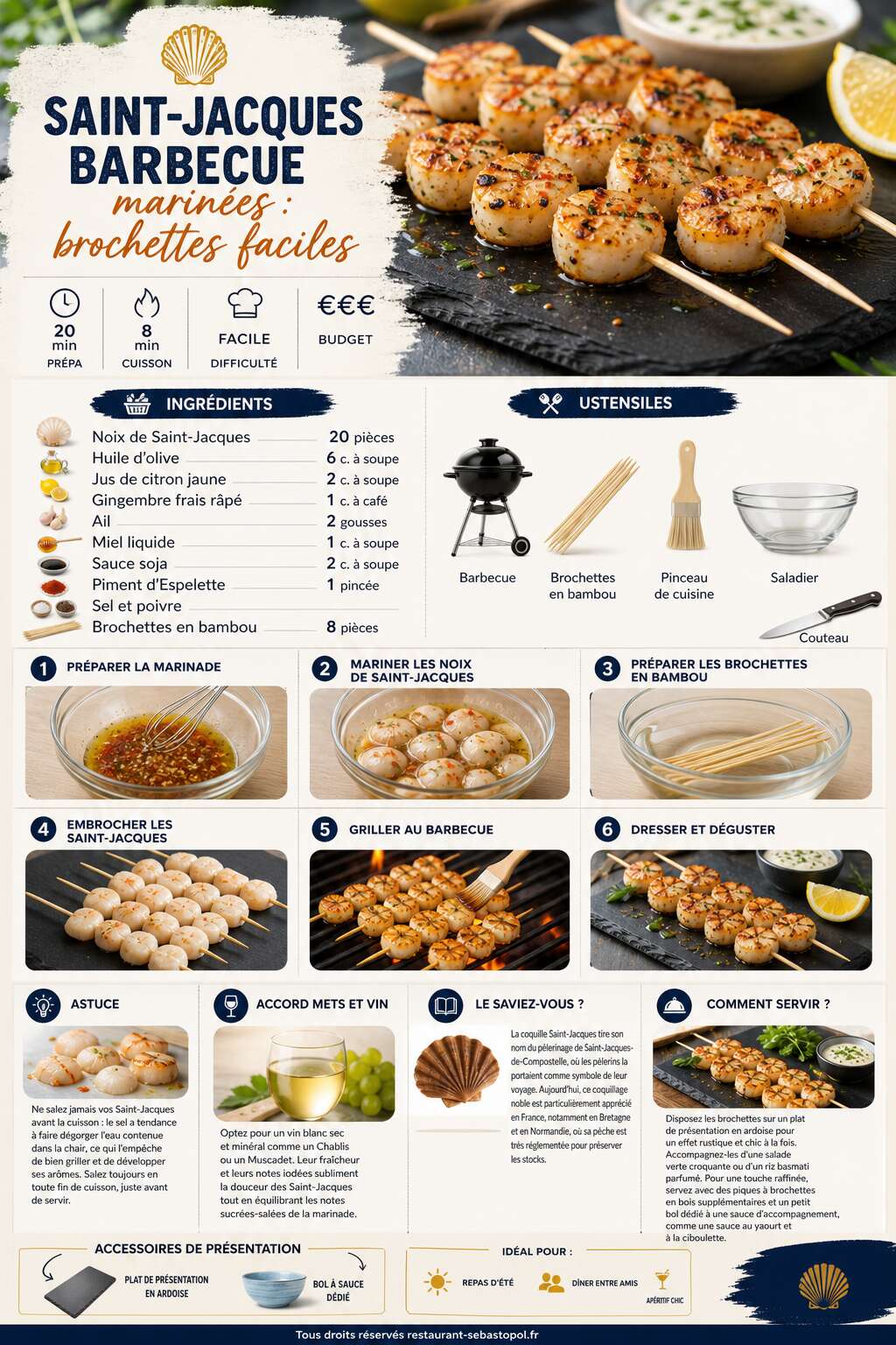 Fiche recette Saint-Jacques barbecue marinées : brochettes faciles Fiche recette Saint-Jacques barbecue marinées : brochettes faciles