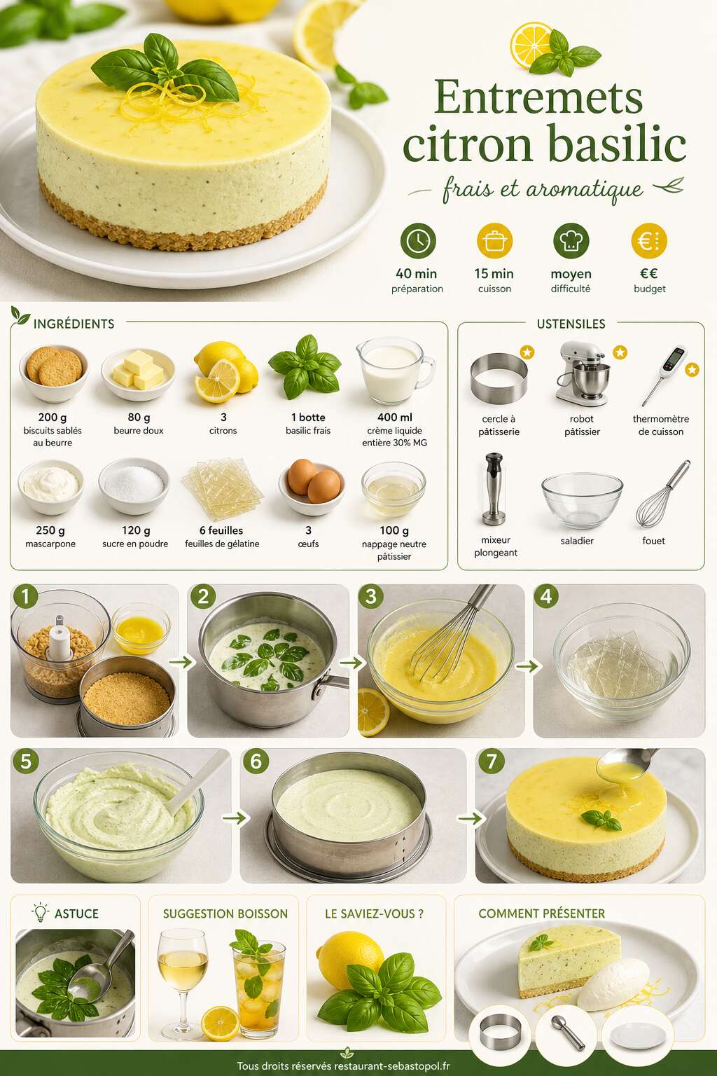 Fiche recette Entremets citron basilic frais et aromatique