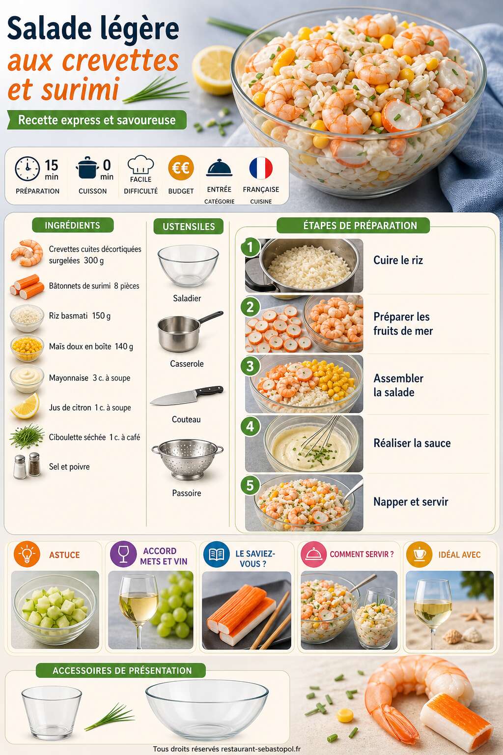 Fiche recette Salade l&eacute;g&egrave;re aux crevettes et surimi : recette express et savoureuse