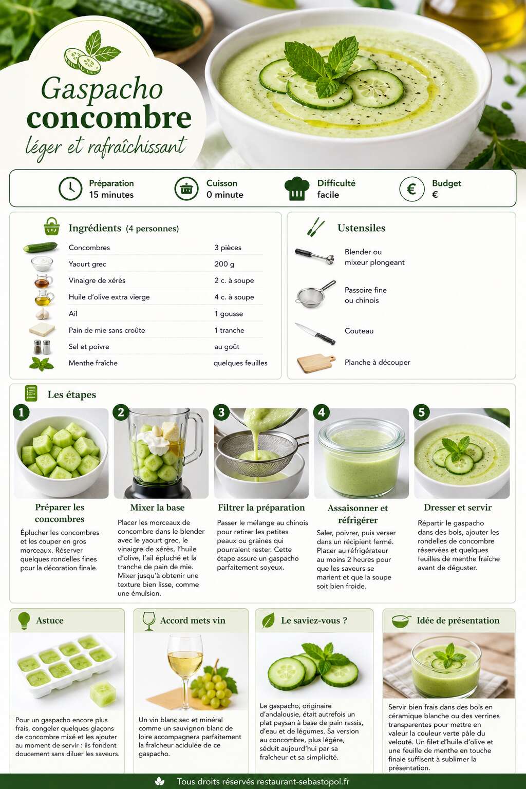 Fiche recette Gaspacho concombre léger et rafraîchissant Fiche recette Gaspacho concombre léger et rafraîchissant