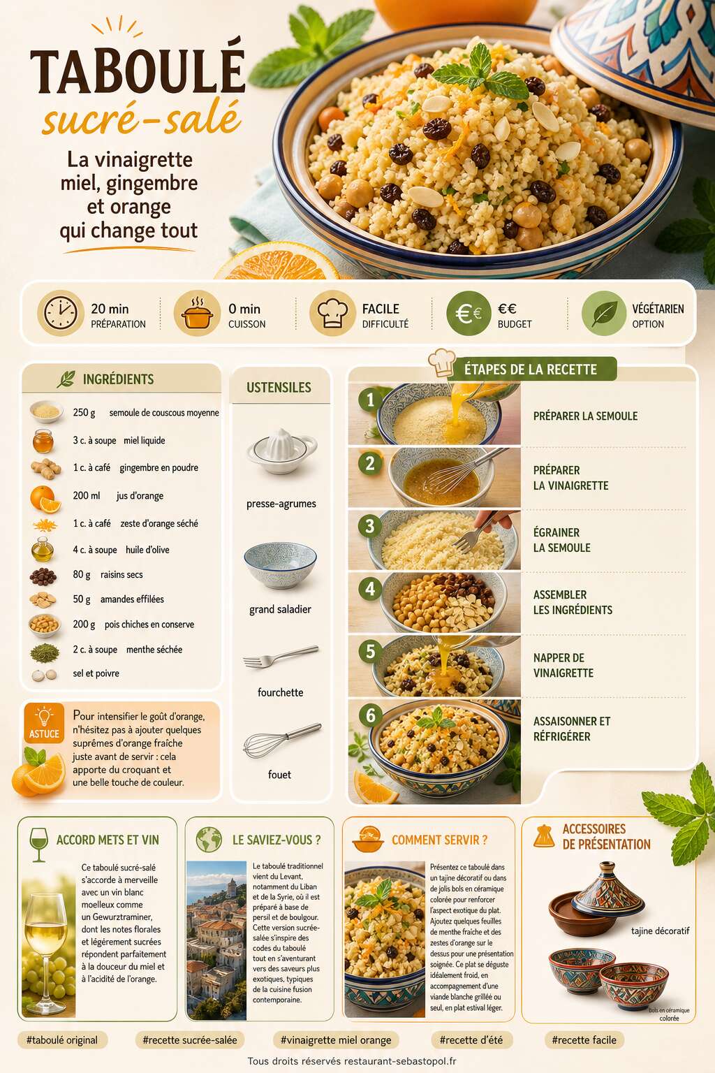 Fiche recette Taboulé sucré-salé : la vinaigrette miel, gingembre et orange qui change tout Fiche recette Taboulé sucré-salé : la vinaigrette miel, gingembre et orange qui change tout