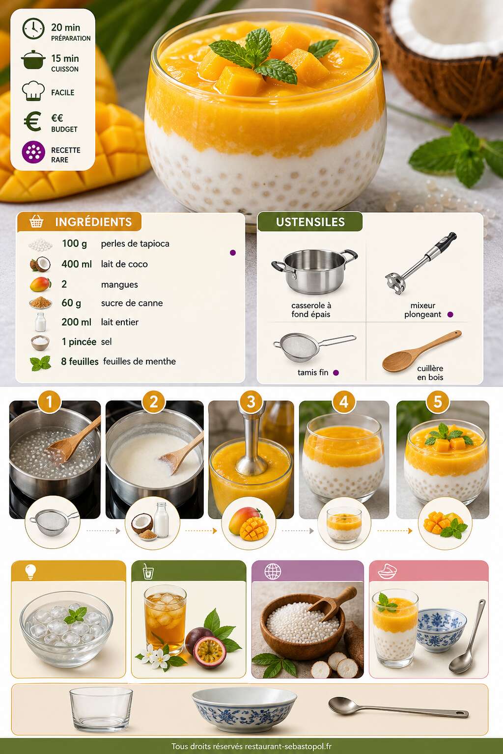 Fiche recette Perles de tapioca mangue-coco : douceur exotique rafraîchissante Fiche recette Perles de tapioca mangue-coco : douceur exotique rafraîchissante