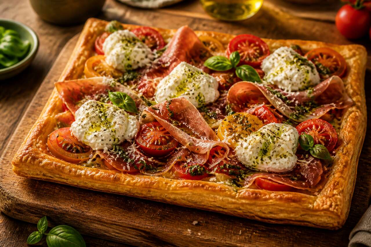 Tarte tomates-burrata-jambon Bayonne gourmande assurée