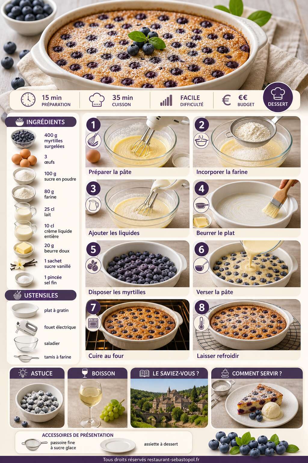Fiche recette Clafoutis aux myrtilles : la recette fondante et facile &agrave; r&eacute;ussir