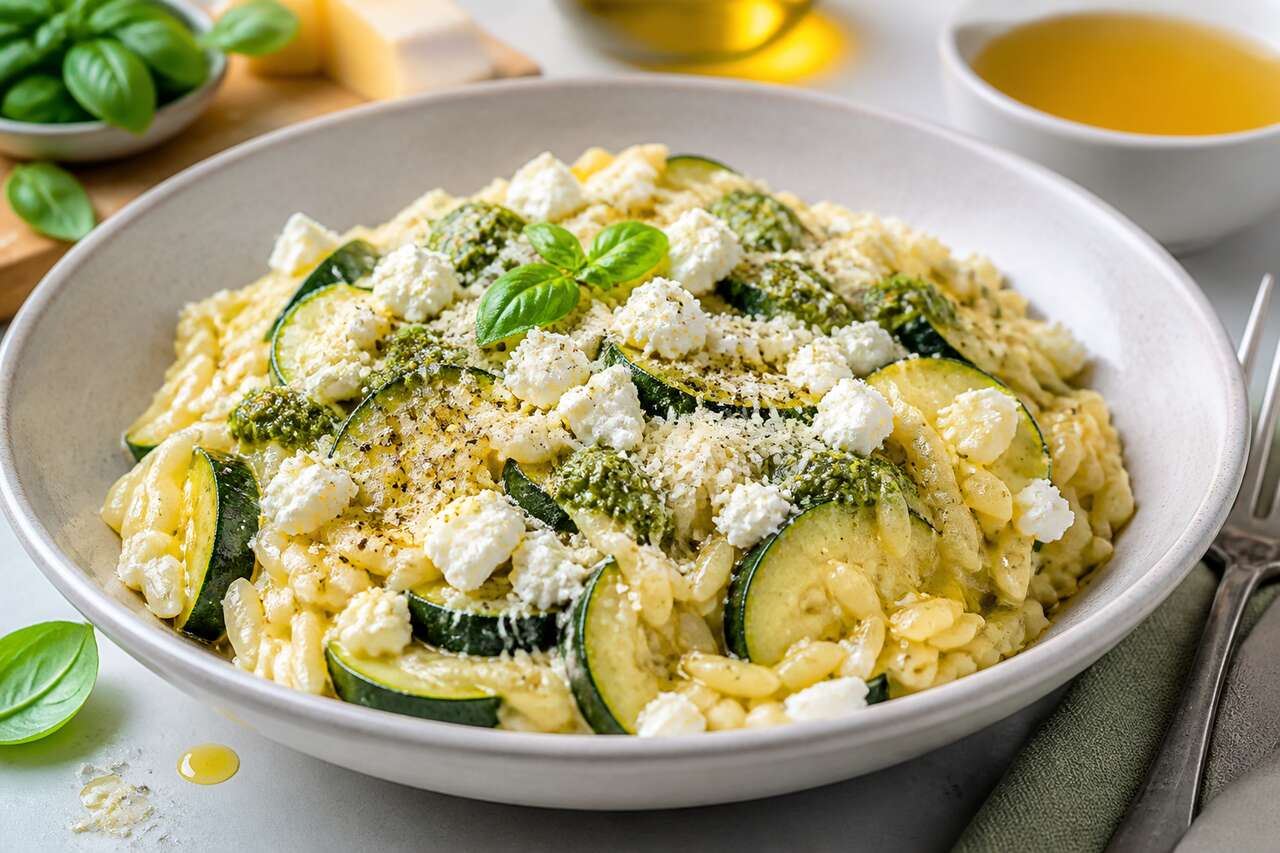 Orzo crémeux aux courgettes et feta au pesto
