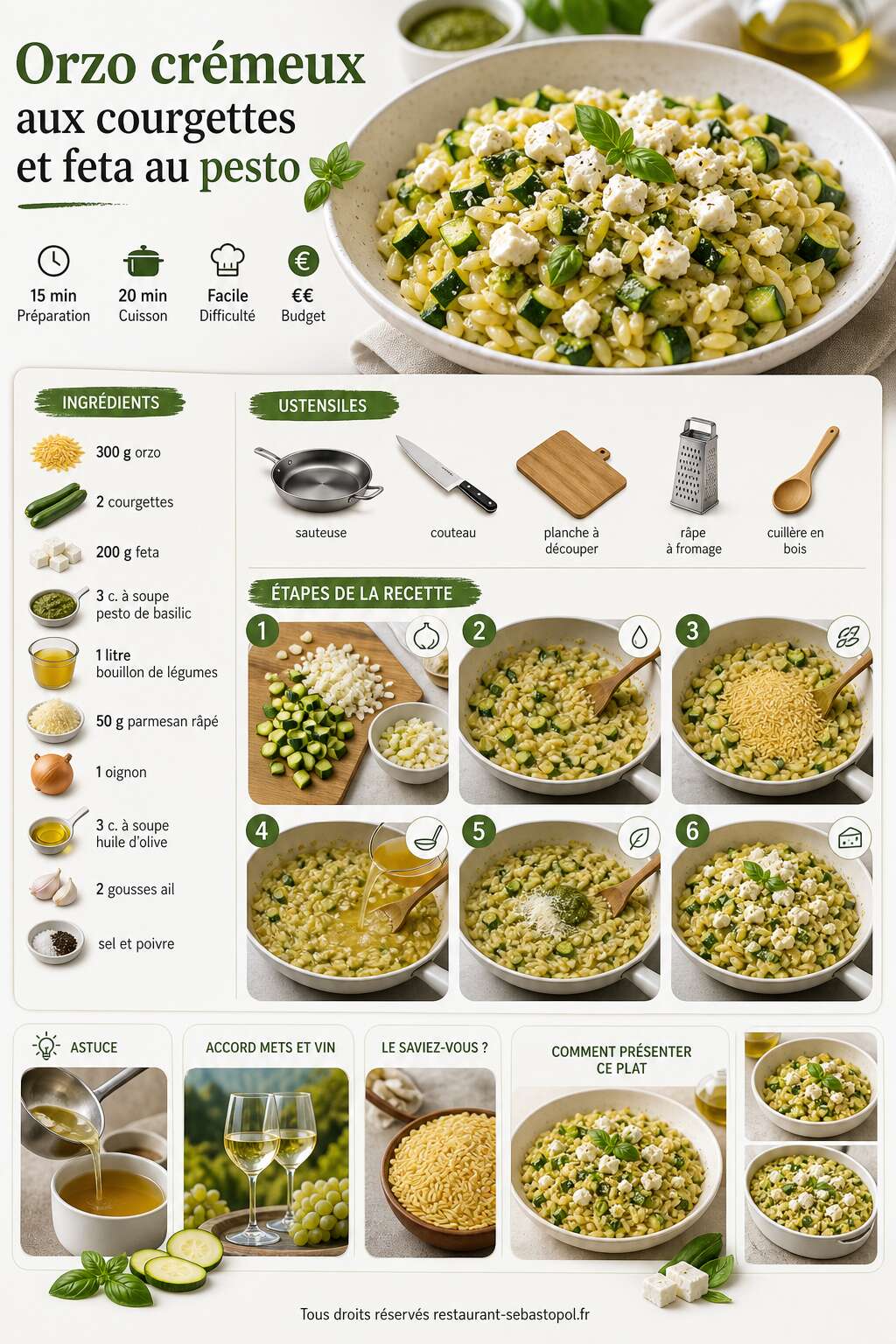 Fiche recette Orzo crémeux aux courgettes et feta au pesto Fiche recette Orzo crémeux aux courgettes et feta au pesto