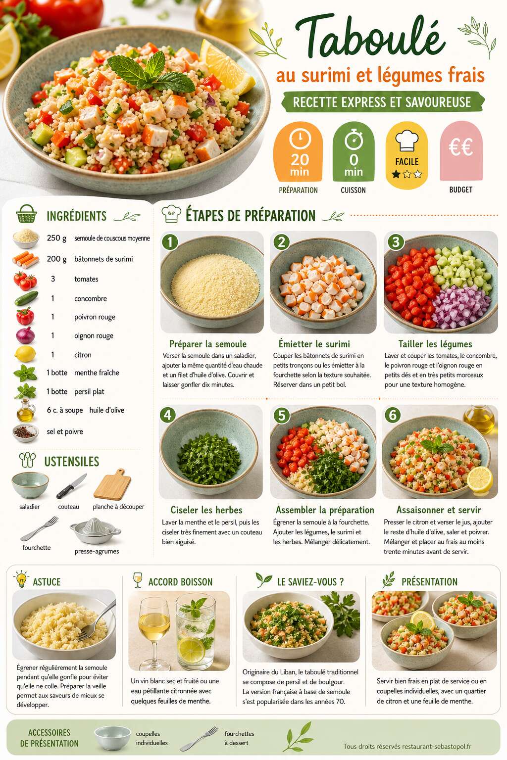 Fiche recette Taboul&eacute; au surimi et l&eacute;gumes frais : recette express et savoureuse