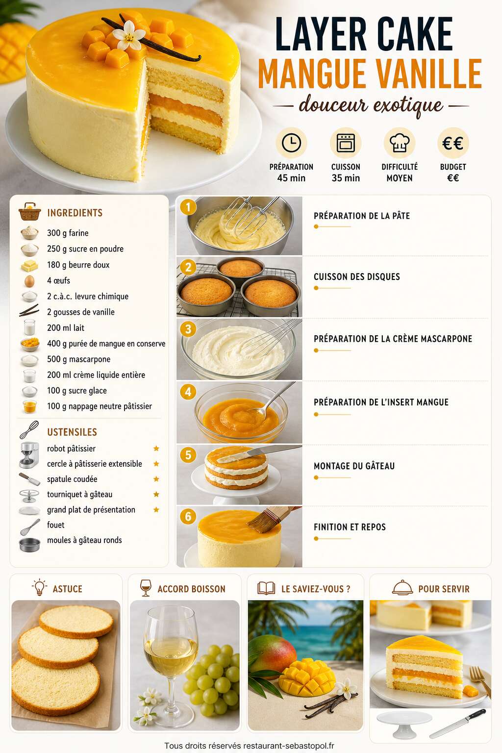Fiche recette Layer cake mangue vanille : douceur exotique Fiche recette Layer cake mangue vanille : douceur exotique