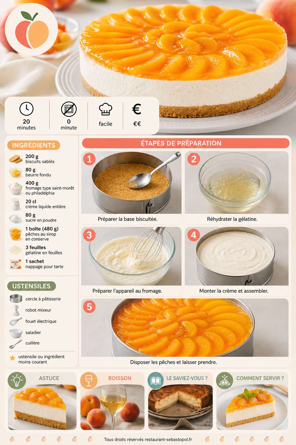 Fiche recette Cheesecake pêches sans cuisson rapide et simple Fiche recette Cheesecake pêches sans cuisson rapide et simple