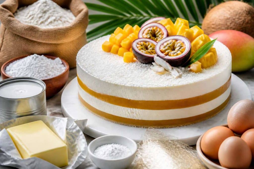 Layer cake exotique coco mangue passion