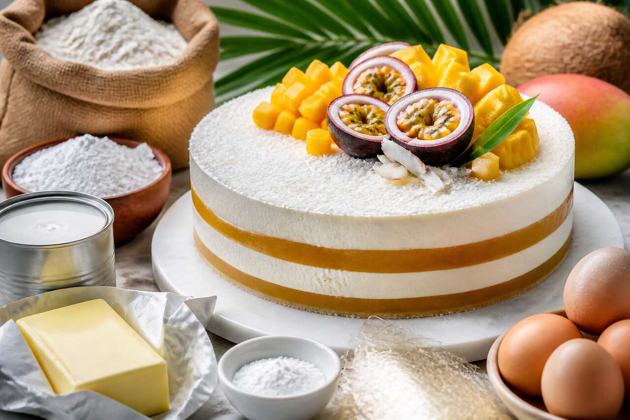 Layer cake exotique coco mangue passion