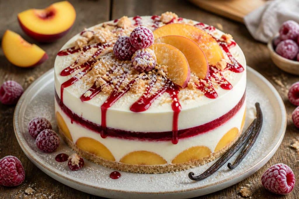 Entremets pêche Melba : mariage pêche, framboise et vanille