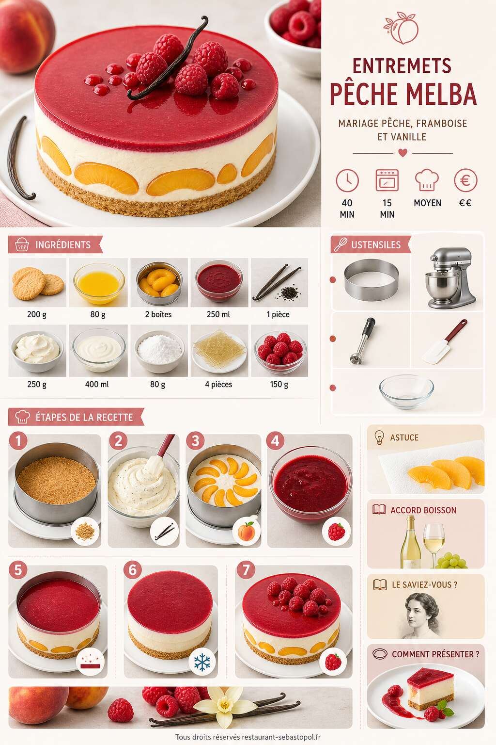 Fiche recette Entremets pêche Melba : mariage pêche, framboise et vanille Fiche recette Entremets pêche Melba : mariage pêche, framboise et vanille