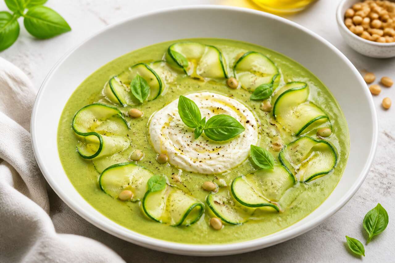 Gaspacho courgette-basilic à la ricotta : fraîcheur garantie