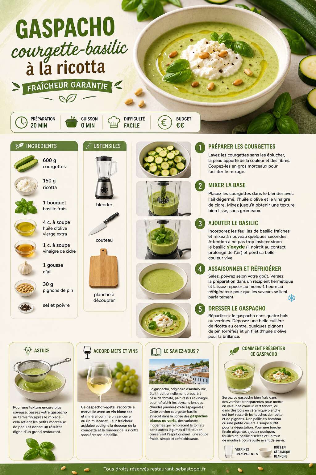 Fiche recette Gaspacho courgette-basilic &agrave; la ricotta : fra&icirc;cheur garantie