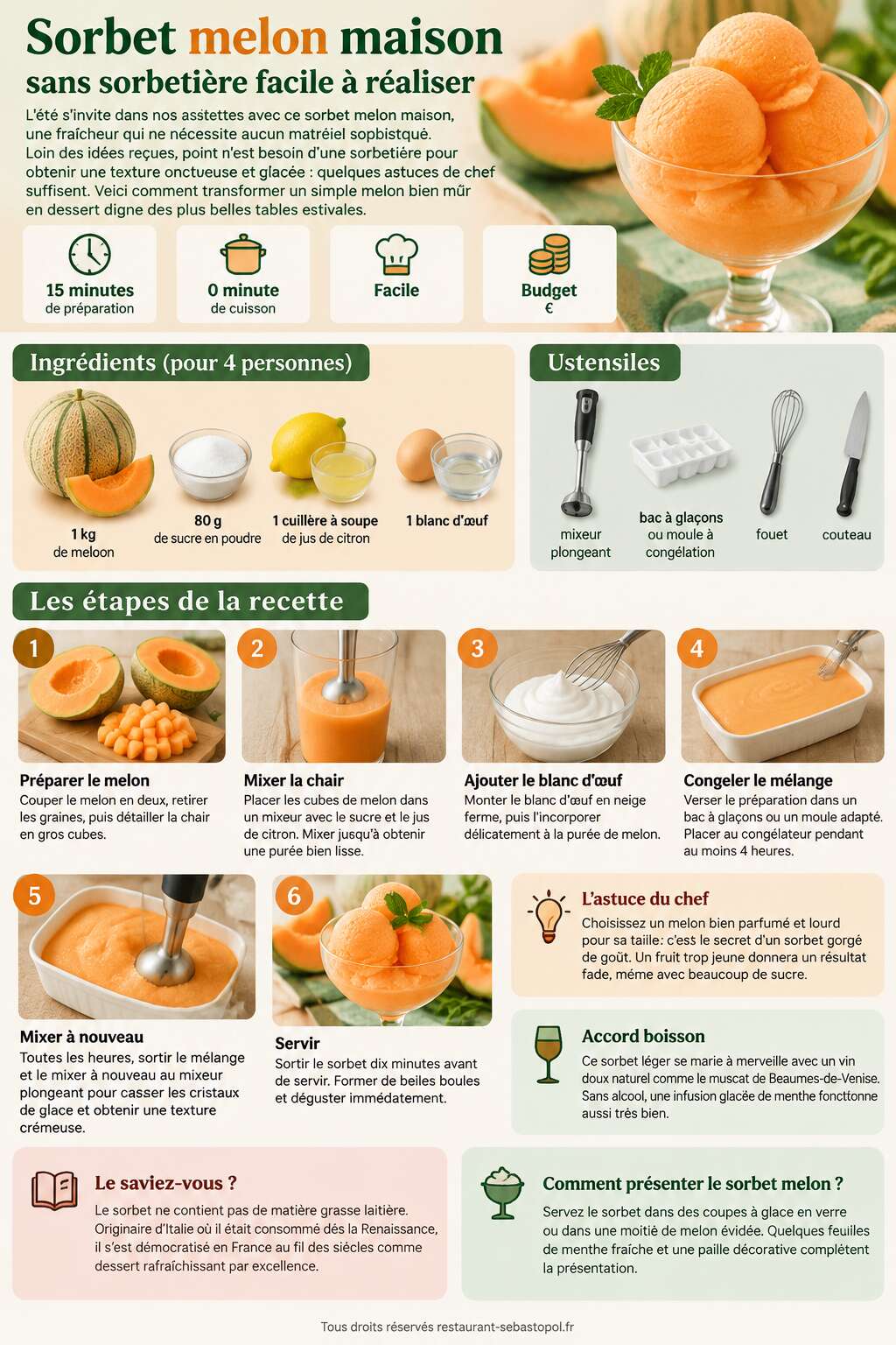 Fiche recette Sorbet melon maison sans sorbetière facile à réaliser Fiche recette Sorbet melon maison sans sorbetière facile à réaliser