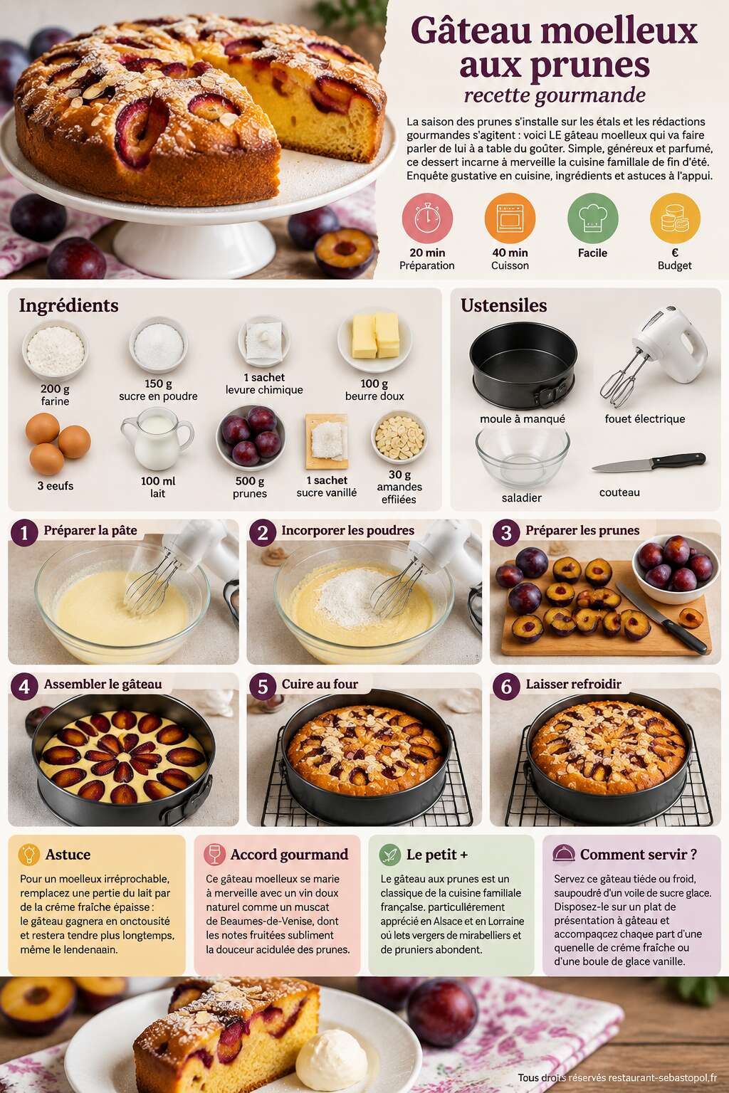 Fiche recette G&acirc;teau moelleux aux prunes : recette gourmande