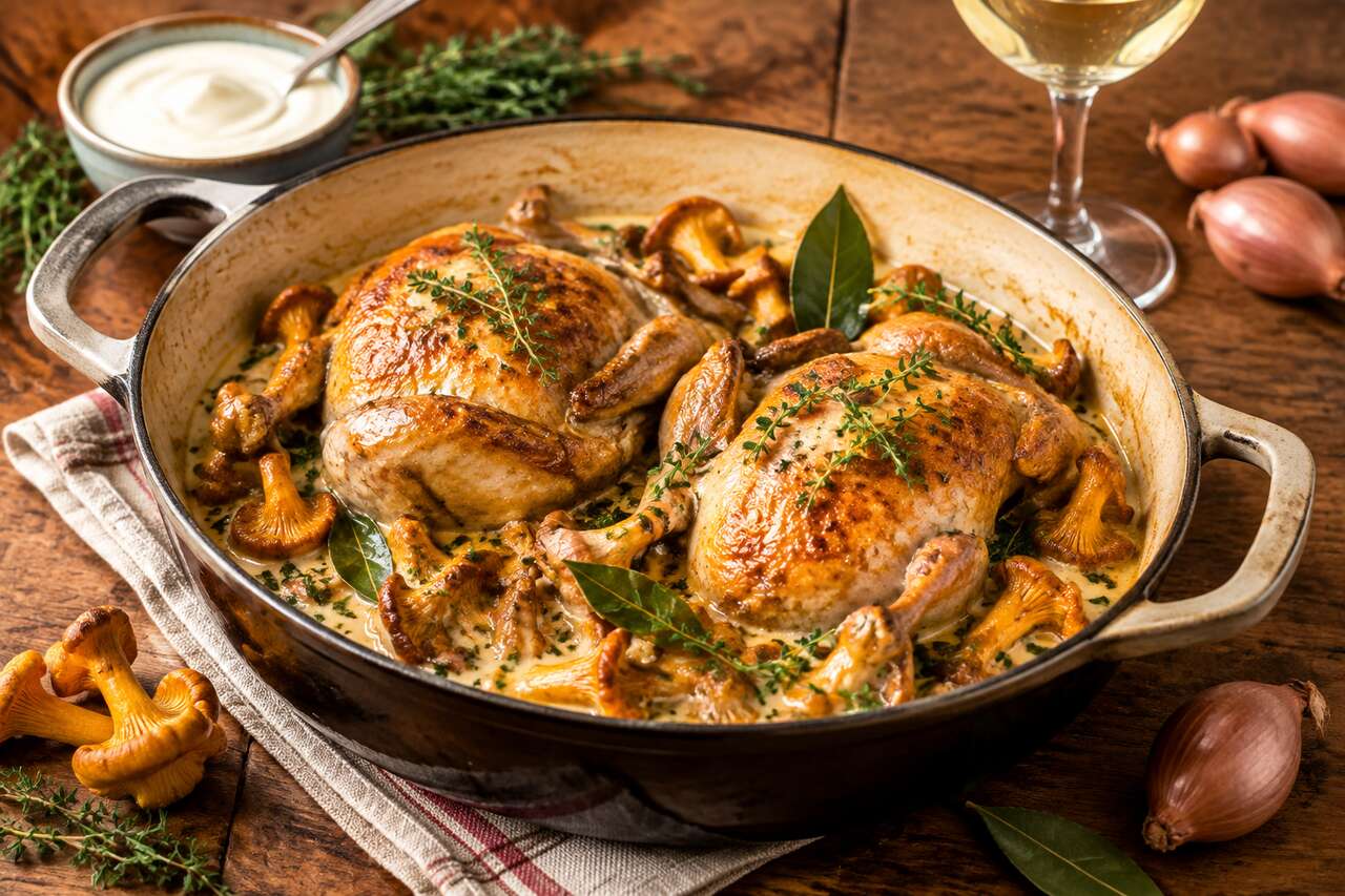 Coquelet en cocotte aux girolles et Martini blanc