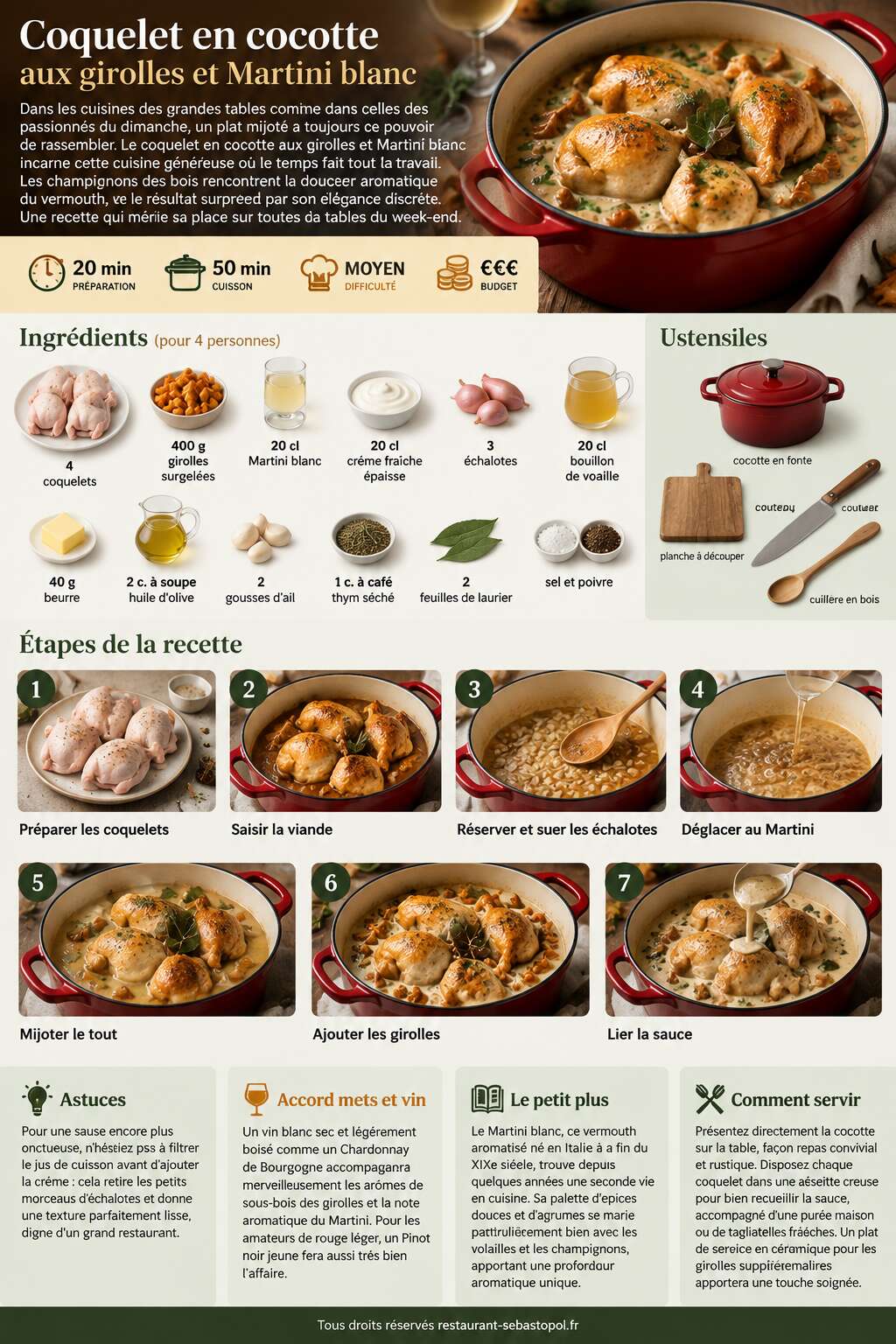 Fiche recette Coquelet en cocotte aux girolles et Martini blanc