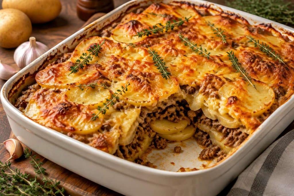 Délice de pommes de terre et viande hachée gratinée