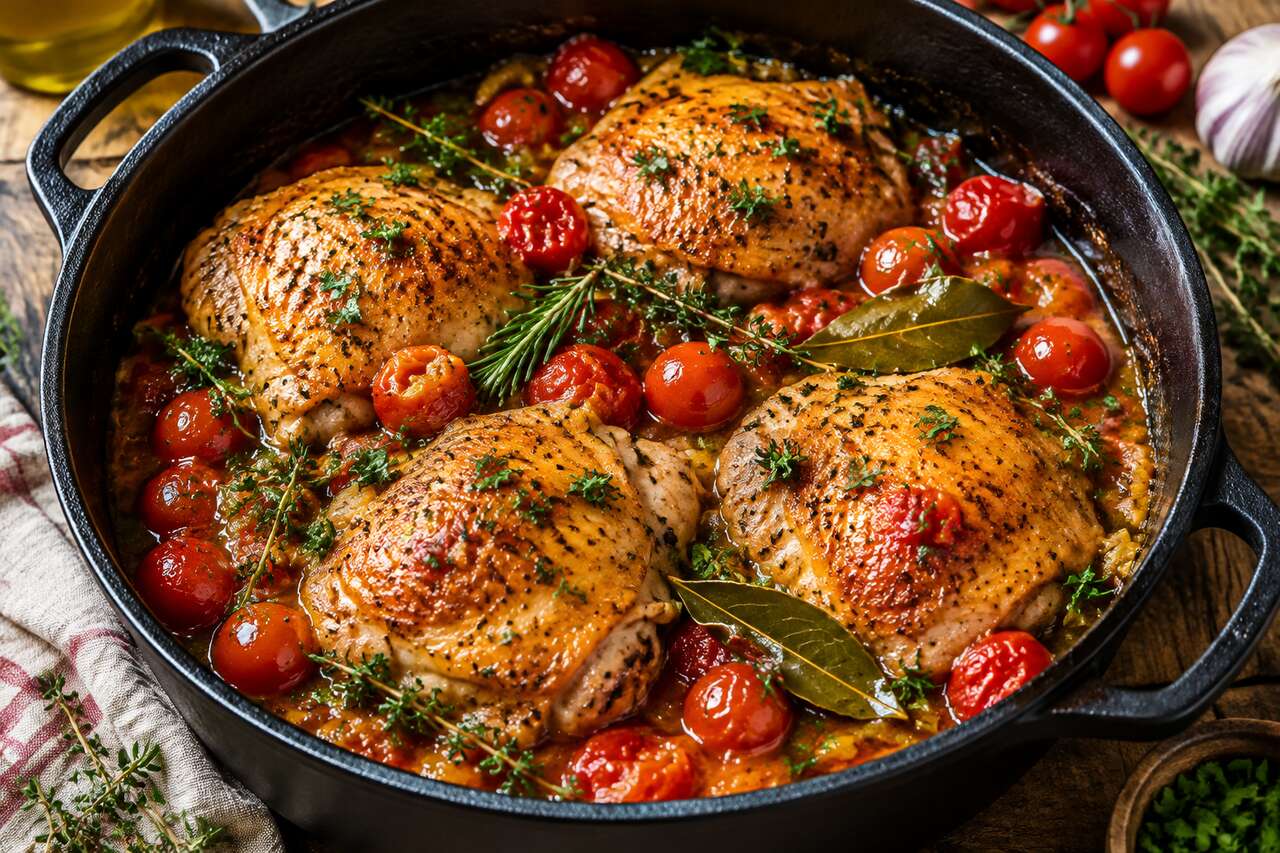 Poulet cocotte vin blanc tomates herbes aromatiques