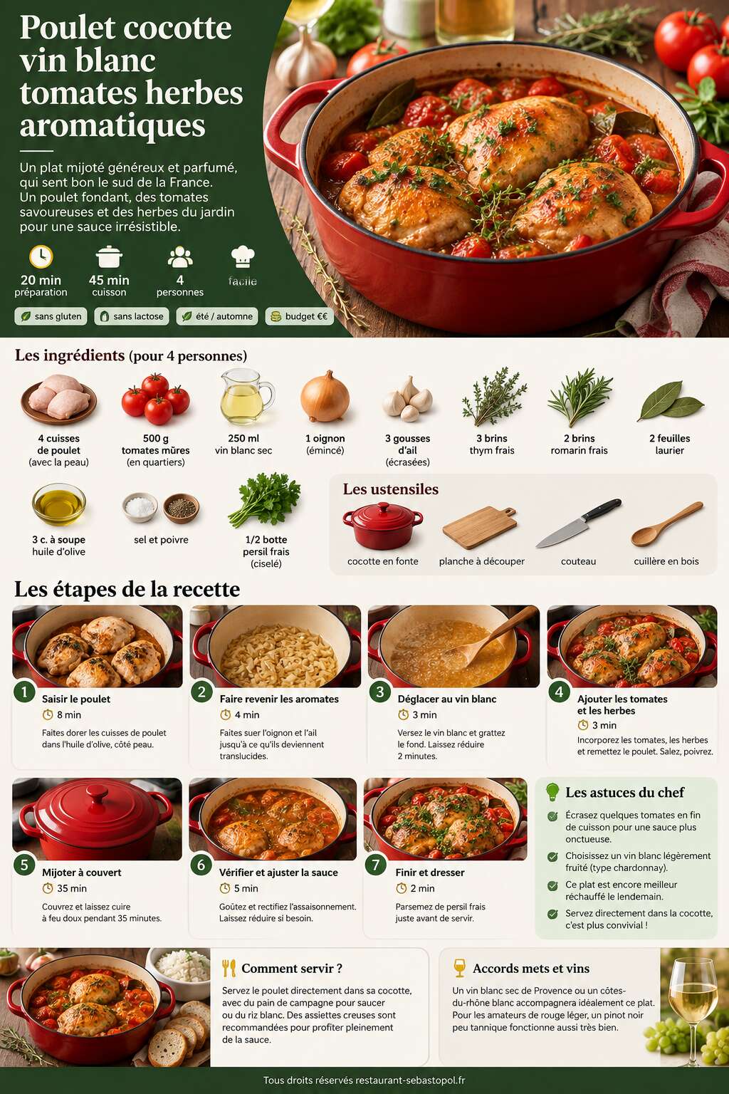 Fiche recette Poulet cocotte vin blanc tomates herbes aromatiques Fiche recette Poulet cocotte vin blanc tomates herbes aromatiques