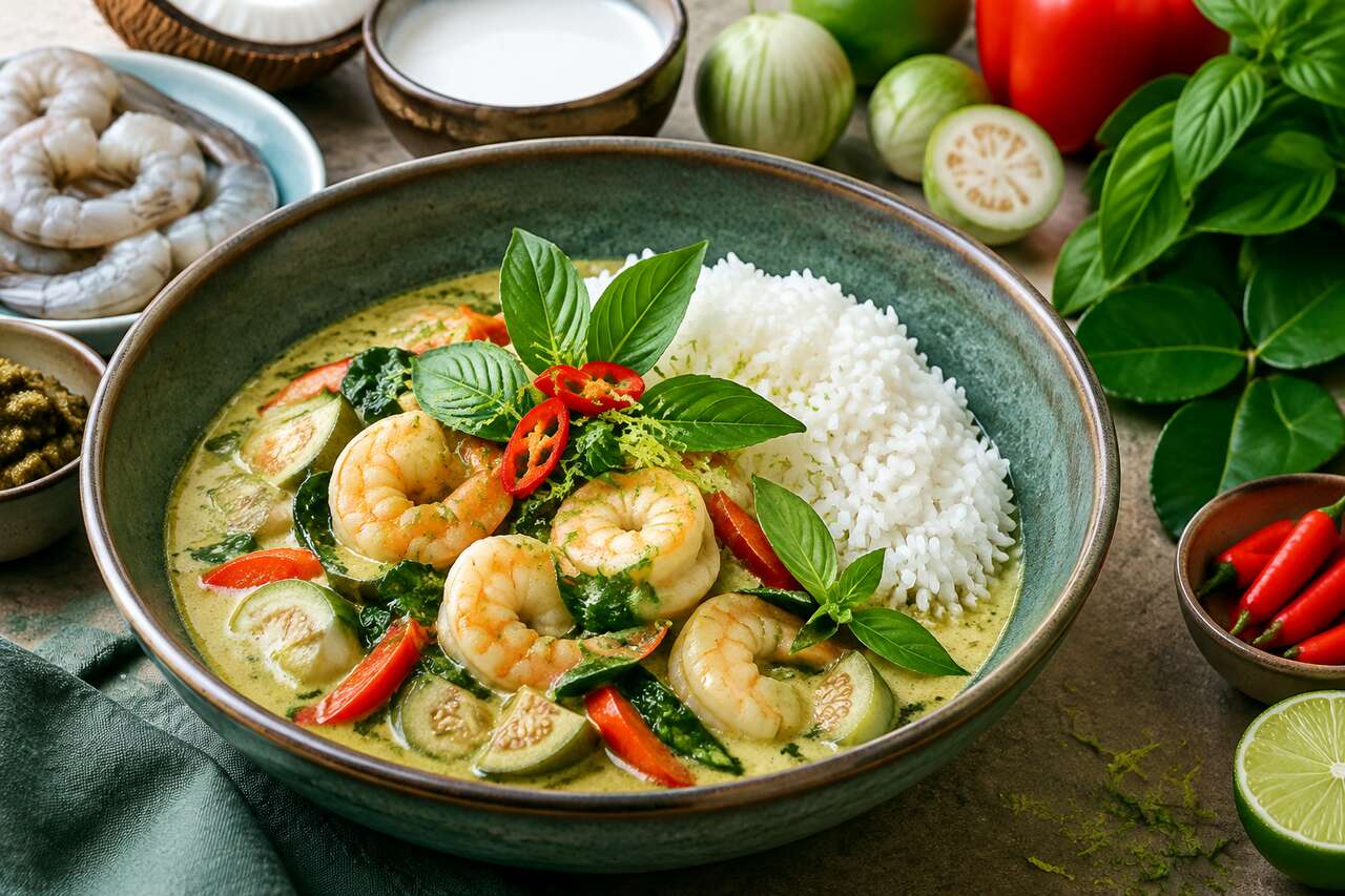 Curry vert thaï crevettes coco onctueux
