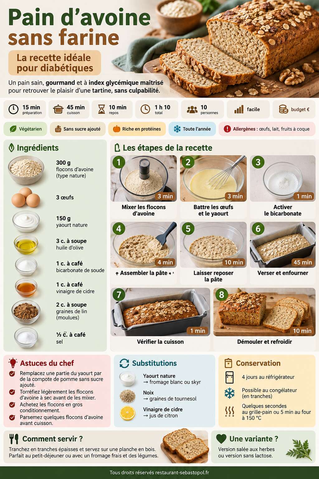 Fiche recette Pain d'avoine sans farine : la recette idéale pour diabétiques Fiche recette Pain d'avoine sans farine : la recette idéale pour diabétiques