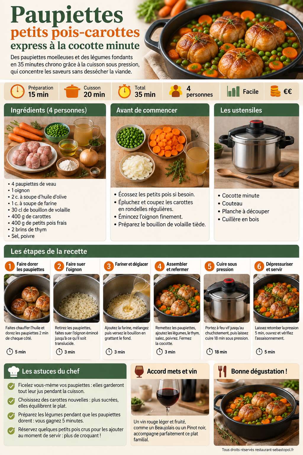 Fiche recette Paupiettes petits pois-carottes express à la cocotte minute Fiche recette Paupiettes petits pois-carottes express à la cocotte minute