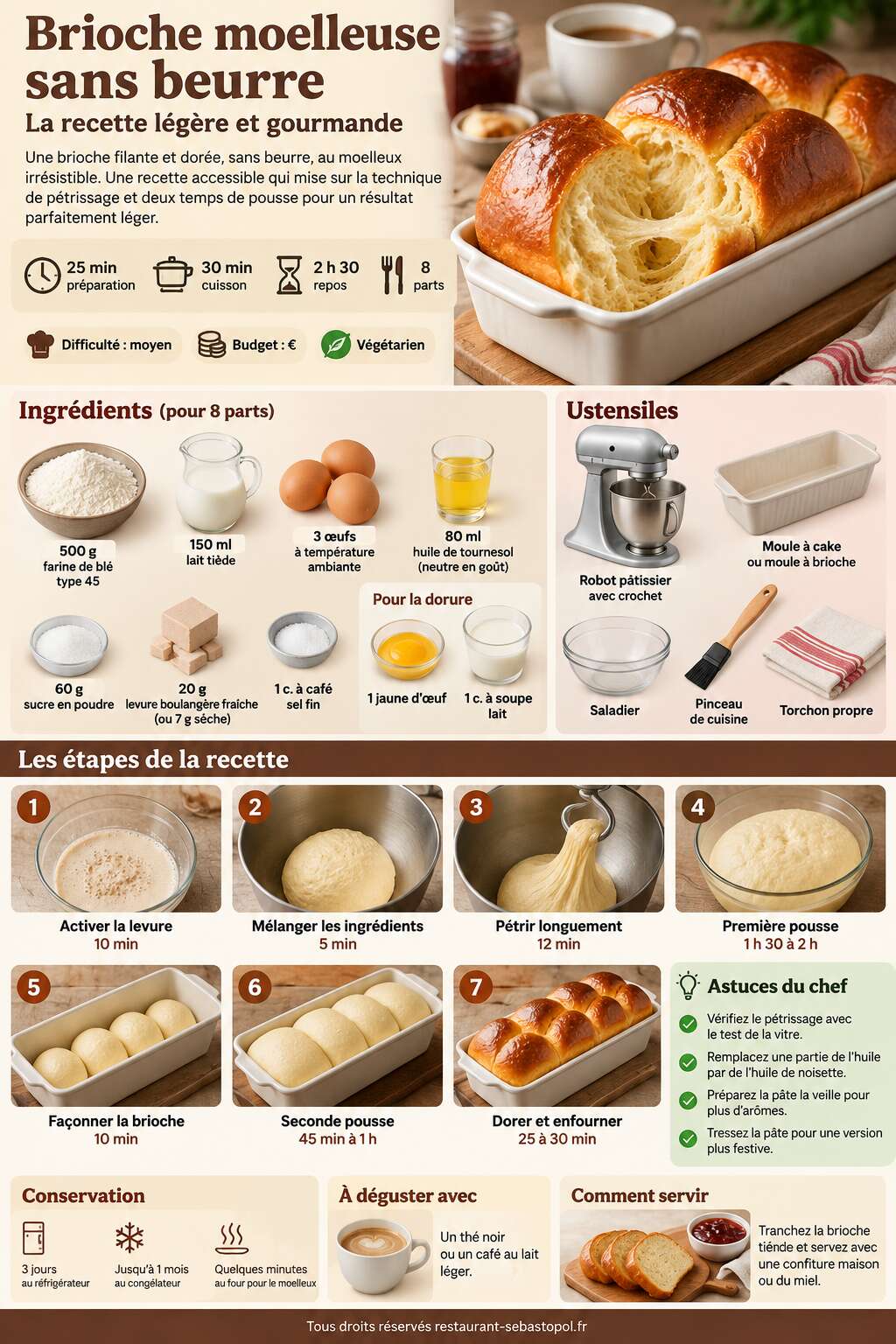 Fiche recette Brioche moelleuse sans beurre : la recette l&eacute;g&egrave;re et gourmande