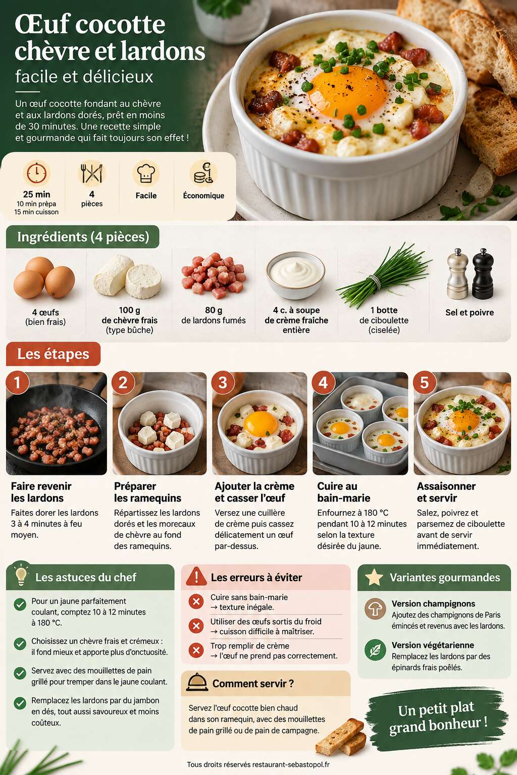 Fiche recette &OElig;uf cocotte ch&egrave;vre et lardons : facile et d&eacute;licieux