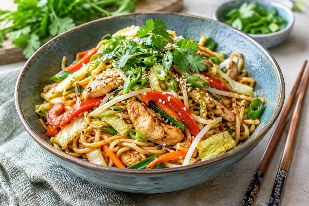 Wok nouilles chinoises poulet légumes variés